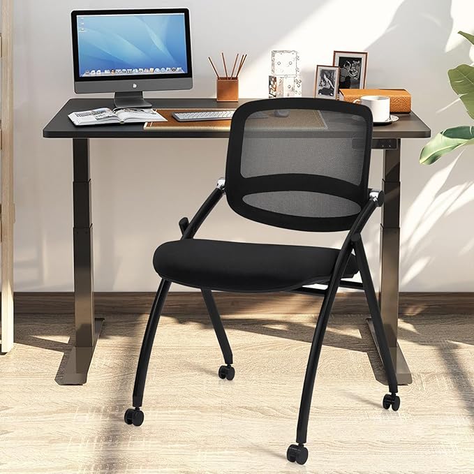 CLATINA Stackable & Foldable Conference Chair with Wheels, Ergonomic Mesh Back,300lbs Capacity, Breathable Padded Seat, Armless Office Chair for Reception, Training, Home Office, Black, 1PK