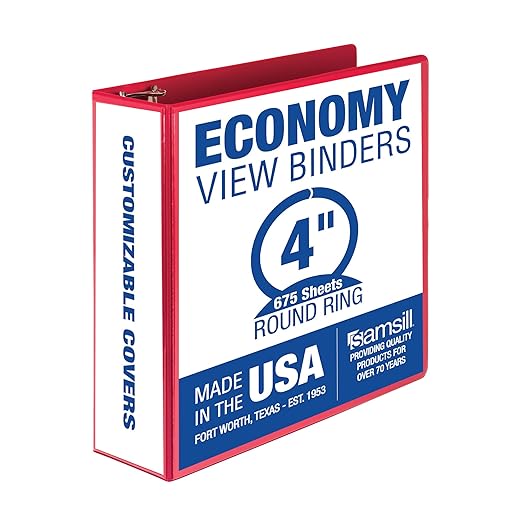 Samsill 4 Inch 3 Ring Binder, Economy Round Ring, Clear View Cover, 675 Sheet Capacity - for Schooo, Home, Office - Ruby Red