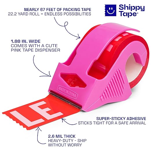 Fragile Packing Tape with Pink Dispenser – Please Be Gentle Red & Pink Design, 1.88" x 22.2 Yards – Packaging Tape for Moving Boxes, Small Business, and Mailers