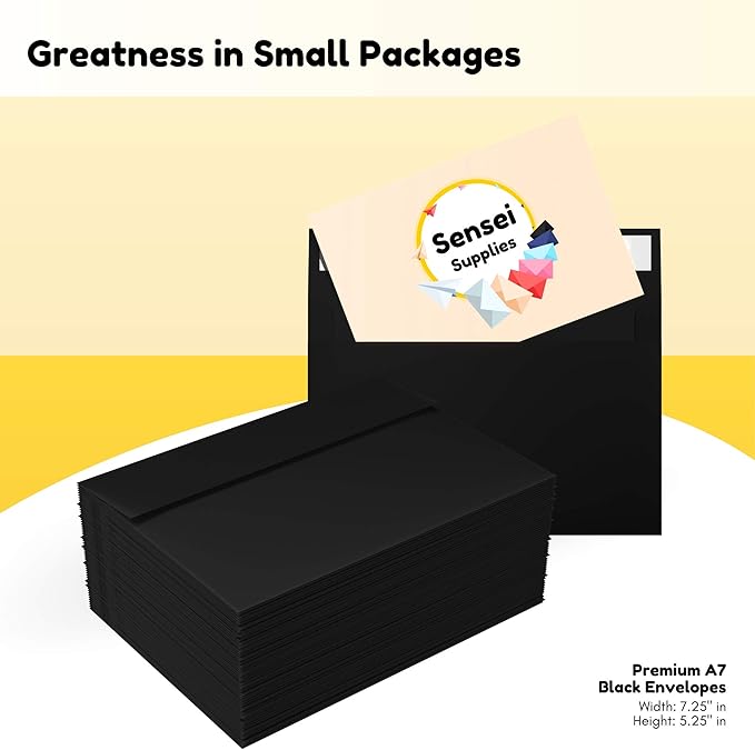 110 5x7 Black Invitation Envelopes - for 5x7 Cards - A7 - (5 ¼ x 7 ¼ inches) - Perfect for Weddings, Graduation, Baby Shower - 120 GSM - Peel, Press & Self Seal - Square Flap