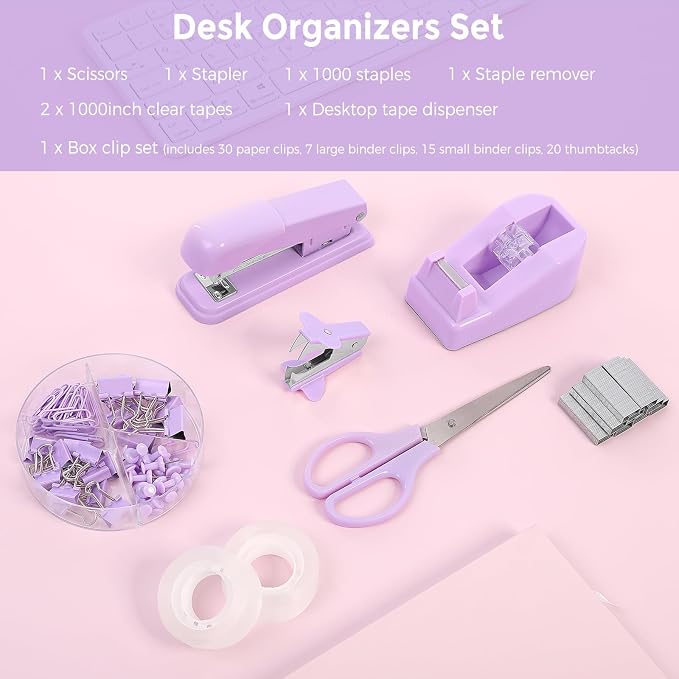 SKYDUE Purple Desk Accessories, Stapler and Tape Dispenser Set,10PCS | Purple Office Supplies Set, Stapler, Tape Dispenser, Scissors, Binder/Paper Clips and 1000pcs Staples