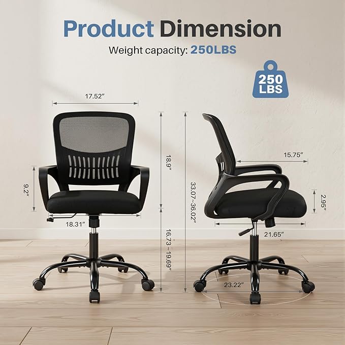 DUMOS Home Office Chair, Computer Desk Chair, Lumbar Support | Ergonomic Mid Back Mesh, Height Adjustable Fixed Armrest, Rocking Mode 360 Swivel, Computer Conference, Black