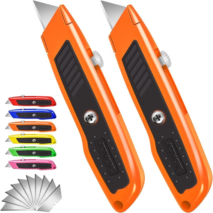 2 Pack Retractable Box Cutter, Heavy Duty Utility Knife with 10 SK5 Blades and Safety Lock, Portable Razor Knife for Home and Office