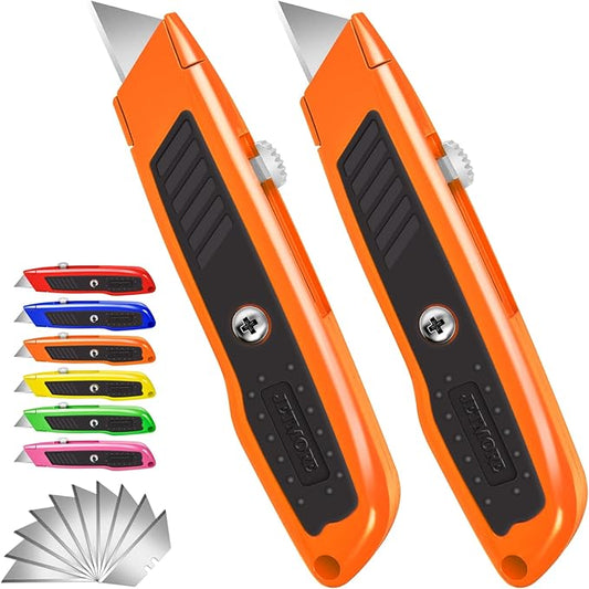 2 Pack Retractable Box Cutter, Heavy Duty Utility Knife with 10 SK5 Blades and Safety Lock, Portable Razor Knife for Home and Office