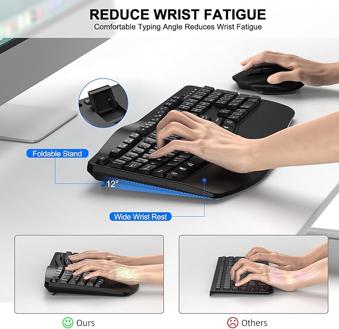 Wireless Keyboard and Mouse Combo, 2.4G Ergonomic Wave Keys(Black) | Full Size Wave Keyboard with Wrist Rest, 3-Level DPI Adjustable Ergonomic Mouse for Windows and Mac OS Desktop/Laptop/PC