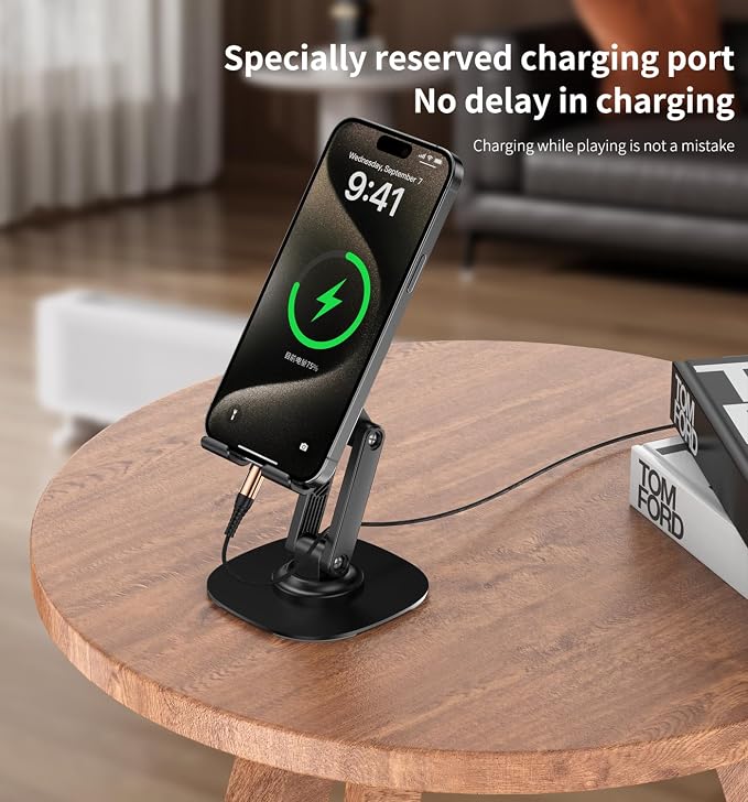 360° Rotating Cell Phone Stand for Desk (Black, K69) | Adjustable & Foldable Phone Holder, Aluminum Desktop Phone Stand with Anti-Slip Base, Phone Holder for Desk