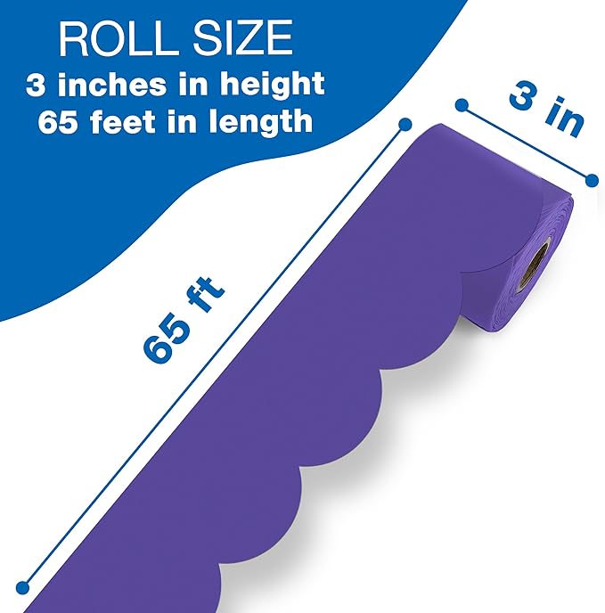 Carson Dellosa 65Ft of Purple Bulletin Board Borders, 1 Roll of Scalloped Trim for Rolling Whiteboard, Cork and Posterboard, Party, Office Decorations, and Classroom Decor