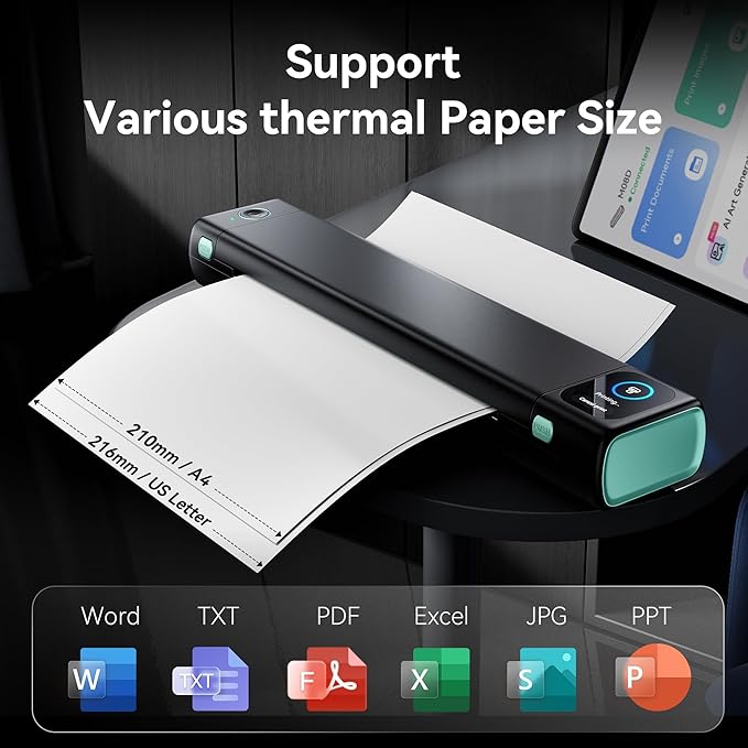 Phomemo Portable Printer with Touchscreen, Upgraded M08D Bluetooth Wireless Thermal Inkless Printer, Supports 8.5"x11" US Letter & A4, Compatible with iOS, Android, PC for Travel, Black