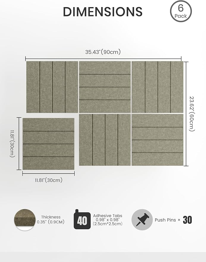 Bumusty 36" x 24" Large Cork Board Alternative, Earth Brown | 6-Pack Felt Bulletin Board Tiles, 60 Adhesive Tabs, 30 Pushpins, Home, Office, Classroom, Vision Board