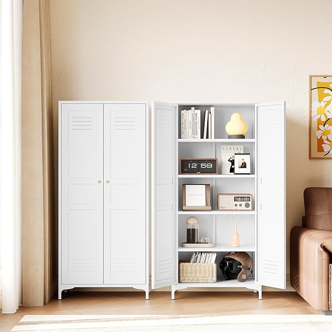 Letaya White Storage Cabinet with Feets-Metal Home Kitchen Pantry Cabinets with Doors and Adjustable Shelves,Organization Locker for Cupboard/Bedroom/Dining/Living/Bathroom/Office/Garage Room (White)