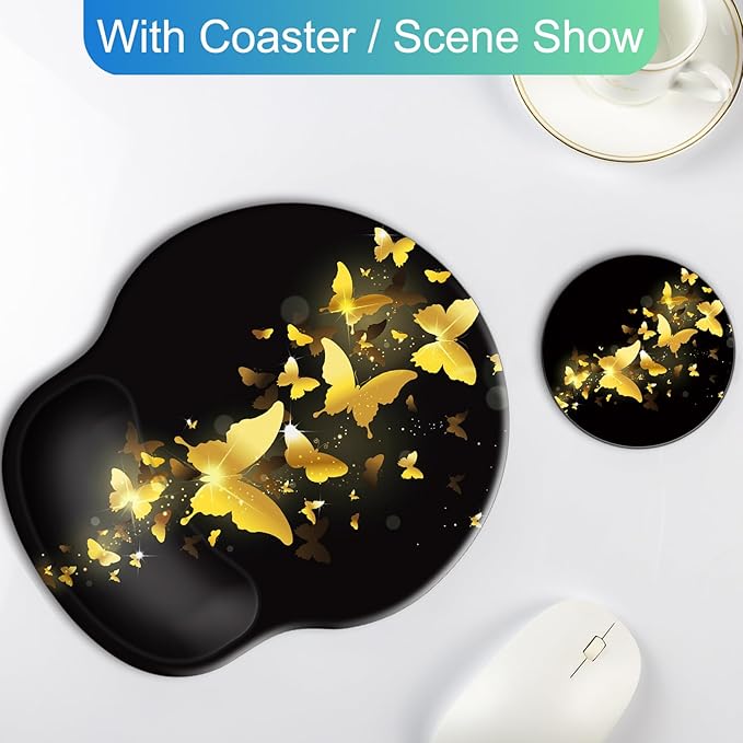 Ergonomic Mouse Pad with Wrist Support Rest,Large Mousepad Gel Wrist Rest, with Coaster Non-Slip & Pain Relief for Computer, Desk, Home&Office-Golden Butterflies
