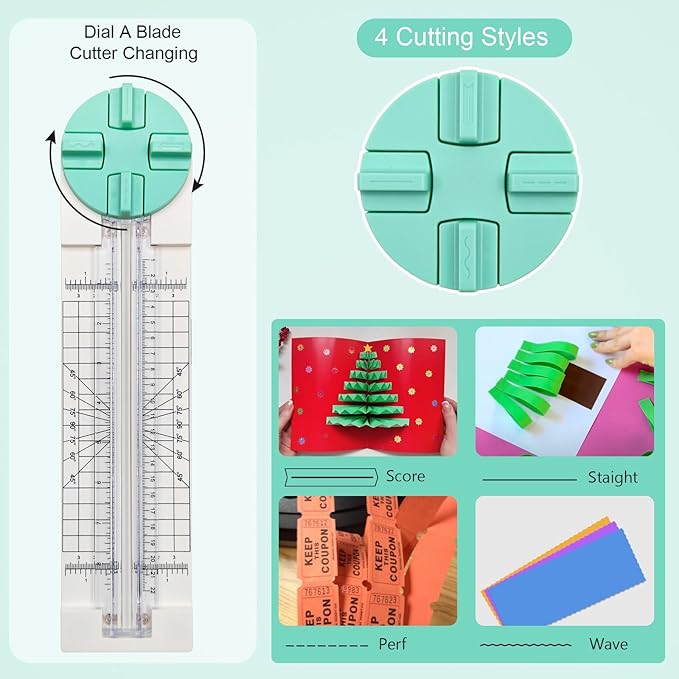 Paper Trimmer, 4 Styles Craft Paper Cutter Multi-Function Scrapbooking Tool for Cutting Paper Photos Scrapbook Postcard (Straight, Wave, Perforated and Creasing Lines) (Green)