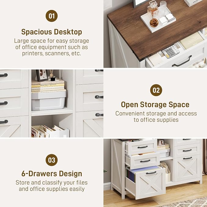 Halitaa Farmhouse Lateral File Cabinet with 6 Drawers, White and Brown | Lateral Filing Cabinet for Letter/A4 Size Hanging File, Wood File Storage Cabinet Printer Stand for Home Office Cabinet
