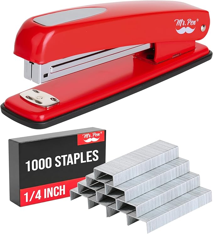 Mr. Pen- Red Office Stapler with Staples, 1000 Staples 1/4", 20 Sheet Capacity, Desktop Stapler for Students, Office Supplies, Ergonomic Design for Comfortable Use, Opens 180 Degrees for Easy Loading