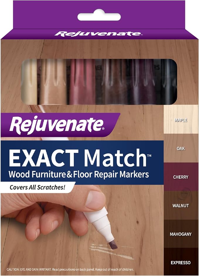 Rejuvenate Exact Match Wood Furniture & Floor Repair Markers, 6 Count, Brown Markers Cover All Scratches, Scuffs And Damage To Wood Furniture And Flooring | Covers Scratches & Scuffs on Furniture & Flooring, Colors: Maple, Oak, Cherry, Walnut, Mahogany...
