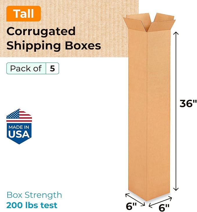 Tall Moving & Shipping Boxes 6 x 6 x 36 inches (5-Pack) - Extra Strength 200 lb vs Regular - USA-Made Corrugated Cardboard Boxes for USPS/UPS/FEDEX - Durable Tall Moving Box by IDL Packaging