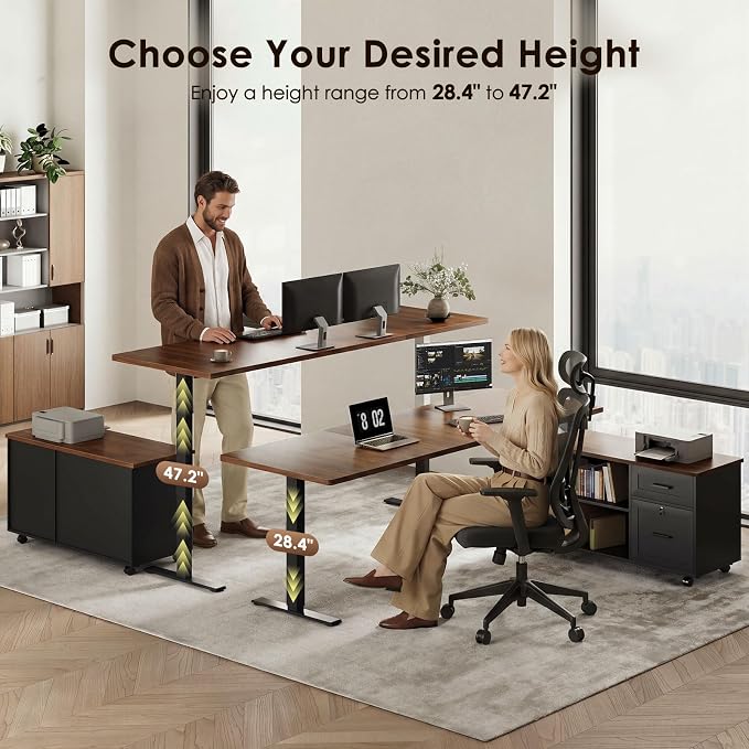 71" L Shaped Electric Standing Desk with Cabinet Sets, Walnut/Black | Mobile Drawers & File Cabinet Sets for Flexible Layout, Height Adjustable Executive Stand Up Desk for Home Office Workstation