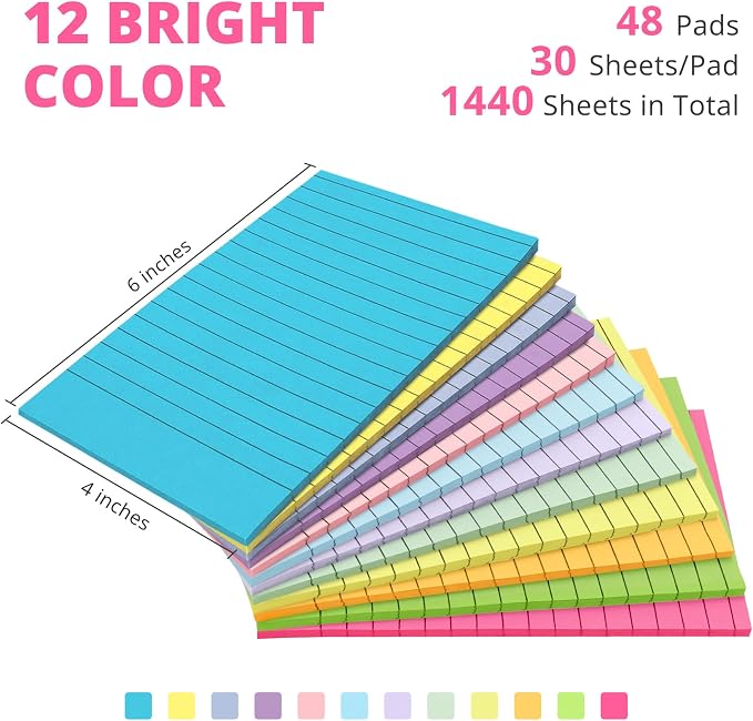 Taja Lined Sticky Notes, 4 x 6 Inches, 48 Pads, 30 Sheets/Pad, Bright | Large Sticky Notes with Lines for Office, Home, School, Ruled Memo Note Pads for Shopping, Planning, Studying
