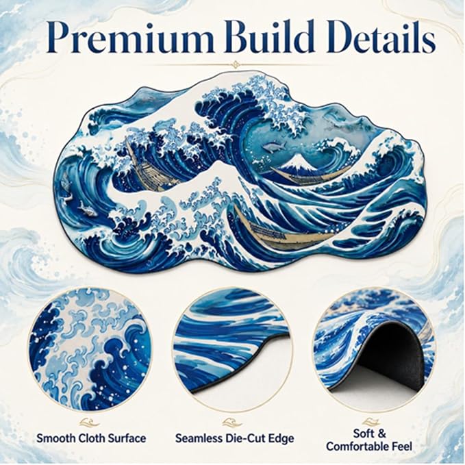 Large 3D Blue Ocean Wave Desk Mat Wave Surfing Gaming Mouse Pad Non Slip | Rubber Base Decorative Keyboard Mat Extended Desk Protector for Office, Home, Study and Workstation, 35.43 x 15.75 Inch