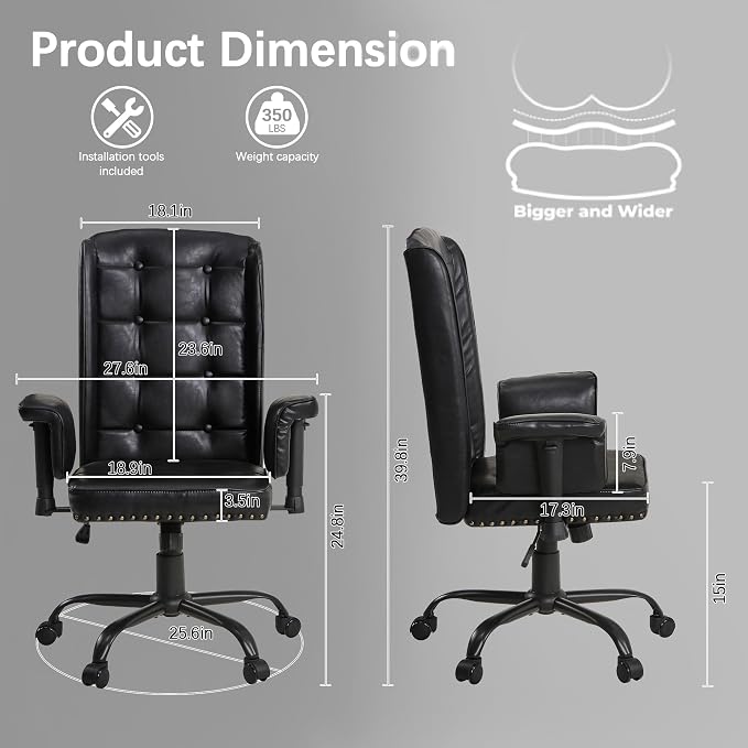 VECELO Modern Executive Office Chair with Wheels, Comfy Modern Task Chair with Adjustable Arms & Back, Ergonomic, Durable, Sturdy, Easy to Clean, Breathable Desk Chair for Home, Office, Black