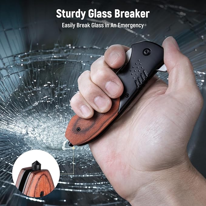 Pocket Knife for Men - Sharp Blade Wood Handle Pocket Folding Knives with Clip, Glass Breaker - EDC Knives for Survival Camping Fishing Hiking Women, Large, Black-Silver