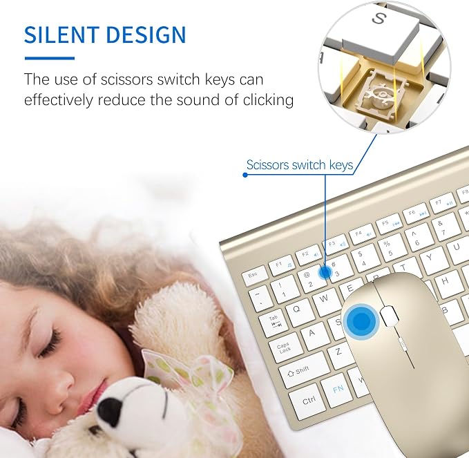 Wireless Keyboard and Mouse Ultra Slim Combo, TopMate - Gold White | 2.4G Silent Compact 2400DPI Mouse and Scissor Switch Keyboard Set with Cover, Batteries Included, for PC/Laptop/Windows/Mac
