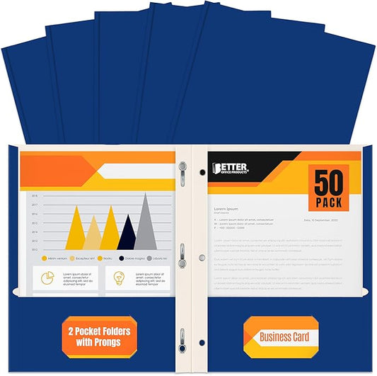 Better Office Products Blue Paper 2 Pocket Folders with Prongs, 50 Pack, Matte Texture, Letter Size Paper Folders, 50 Pack, with 3 Metal Prong Fastener Clips, Blue