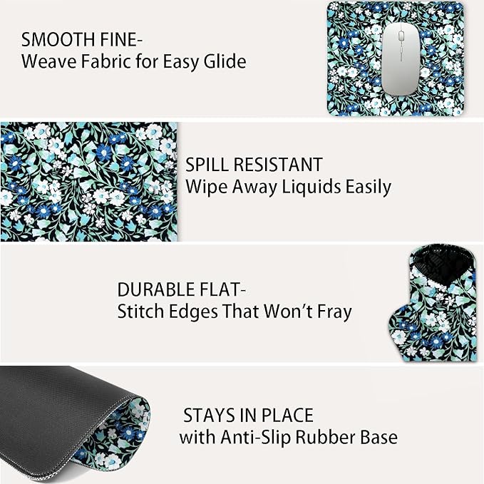 Mouse Pad for Desk with Stitched Edge, Premium Cute Washable Mouse Pads. Computer Mousepad with Non-Slip Rubber Base, Mousepads for Laptop, 9.25x7.75x0.12 inch (Midnight Vines)