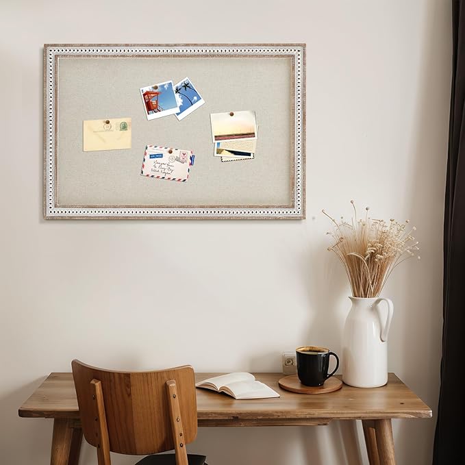 Vintage Framed Pin Board Linen Display Bulletin Board Large Ornate Fabric Picture Photo Pinboard Memo Decorative Prayer Pinboard Ornate for Wall Gift(Rectangle,24" X 36",Retro White)