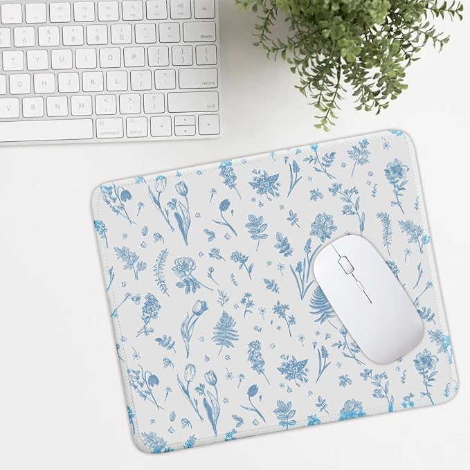 Mouse Pad for Desk with Stitched Edge, Premium Cute Washable Mouse Pads. Computer Mousepad with Non-Slip Rubber Base, Mousepads for Laptop, 9.25x7.75x0.12 inch (Blue Fern Florals)