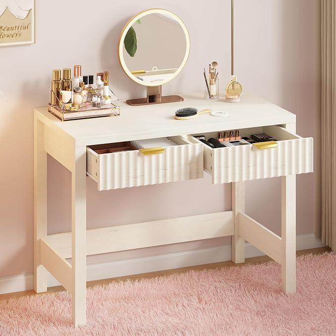 32 Inch Small Fluted Computer Desk with 2 Drawers for Bedroom, Home Office | Small Computer Desk with Storage for Bedroom, Compact Writing Study Desk for Small Spaces, White