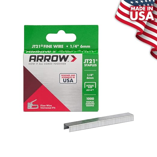 Arrow 214 JT21 Thin Wire Staples for Staple Guns and Staplers, Use for Upholstery, Crafts, General Repairs, 1/4-Inch Leg Length, 7/16-Inch Crown Width, 1000-Pack, Grey | 1/4" Leg Length, 7/16" Crown Width, Heavy-Duty Galvanized Steel, Use for Upholster...