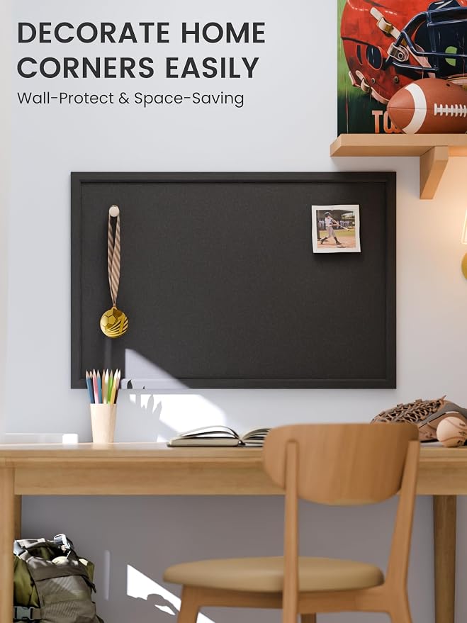 Fluxynara 35.4" x 23.6" Felt Frame Bulletin Board, Black | Cork Board Alternative with 24 Removable Adhesive Tabs, Foldable Pin Board for Wall, Home, Office, Classroom & Dorm
