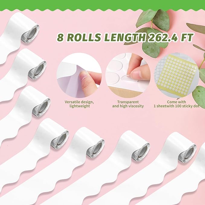 Rolls 262.4 Ft Bulletin Board Borders - White Scalloped Border Bulletin for Classroom, School & Office Decor - White Borders Classroom Bulletin Decorations