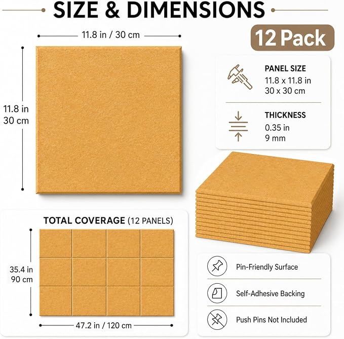 Felt Bulletin Board Tiles, Cork Board Alternative, 48 x 36 in | 0.35 in modular felt wall tiles for notes, photos, schedules, reminders in offices, classrooms, home & office workspace
