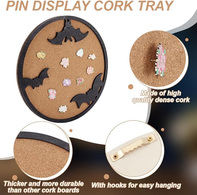 BENECREAT Round Cork Boards, Bats Pin Display Board, 11.8x0.7inch Bulletin Board Brooch Jewelry Display Cork Tray for Brooch Pin Storage, Halloween Decor
