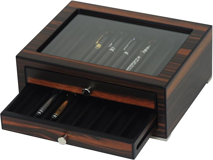 Stackable Wooden Display Case with Drawer – Slot Ebony Pen Cabinet, Luxury Fountain Pen Storage Box with Glass Window for Collection (4)