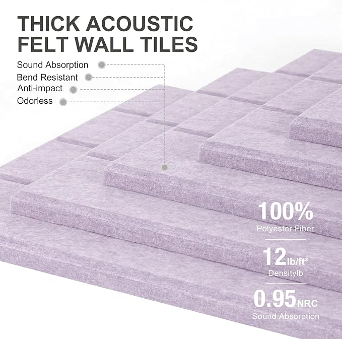 0.47" Thick Felt Wall Tiles 36"x24" Cork Board Alternative 6 Pack 11.81"x11.81"Felt Bulletin Board Pin Board with Removable Adhesive Tape&30 Pushpins for Home Office School(Bold-Light Purple)