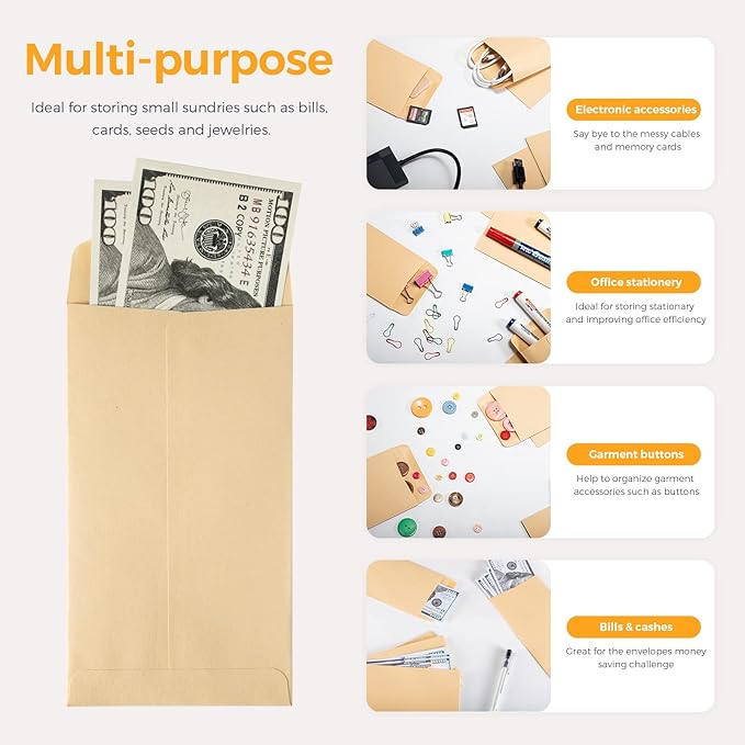 ACKO #7 Coin Money Envelopes for Cash 3 1/2 x 6 1/2 Small Envelope with Gummed Flap for Cash budgeting, gift or Money Saving, Brown Kraft Envelopes 500 Pack