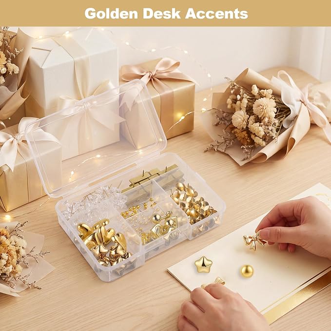 BESARME 175 Pcs Gold Push Pins for Bulletin Board, 8 Style Thumb Tacks Decorative Pins with Push Pin Hook Pushpin Clip for Cork Boards Maps Photos Vision Boards Office Classroom Home Organization