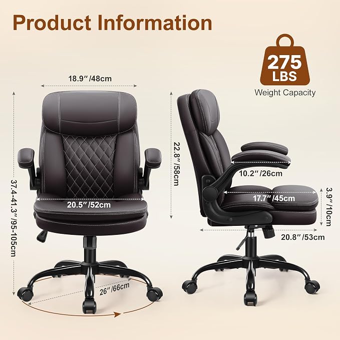 Leather Office Chair, PU Computer Desk Chairs with Upgraded Double-Layer Seat Cushion and Neckrest, 360°Swivel, Ergonomic Small Gaming Chair with Wheels and Adjustable Armrests, Dark Brown