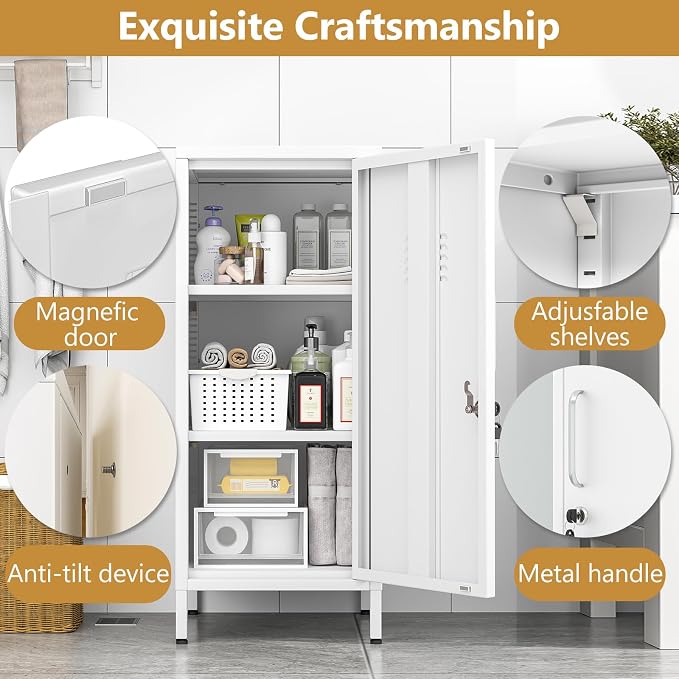 Metal Storage Locker,35.4" H Home Office Storage Lockers for Employees with 1 Locking Door ＆ 2 Adjustable Shelves,File Storage Cabinets forGarage, School, Office, Gym (White)