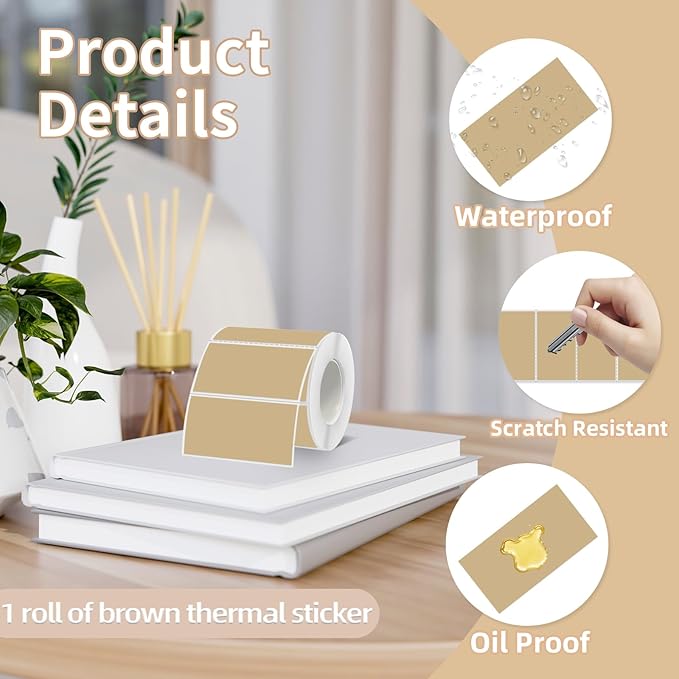 Starboling 2x1 Thermal Labels,Address Barcode Self-Adhesive Thermal Printer Stickers for Logo Design,Name/Price Tag,Address（Brown）