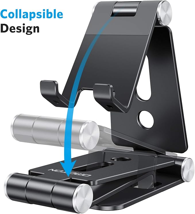OMOTON Foldable Cell Phone Stand, C4 Portable Aluminum Phone Holder, Adjustable Phone Dock Cradle Compatible with iPhone 17/16/15 Pro Max, Samsung Galaxy, Small Tablets and Other Phones, Black