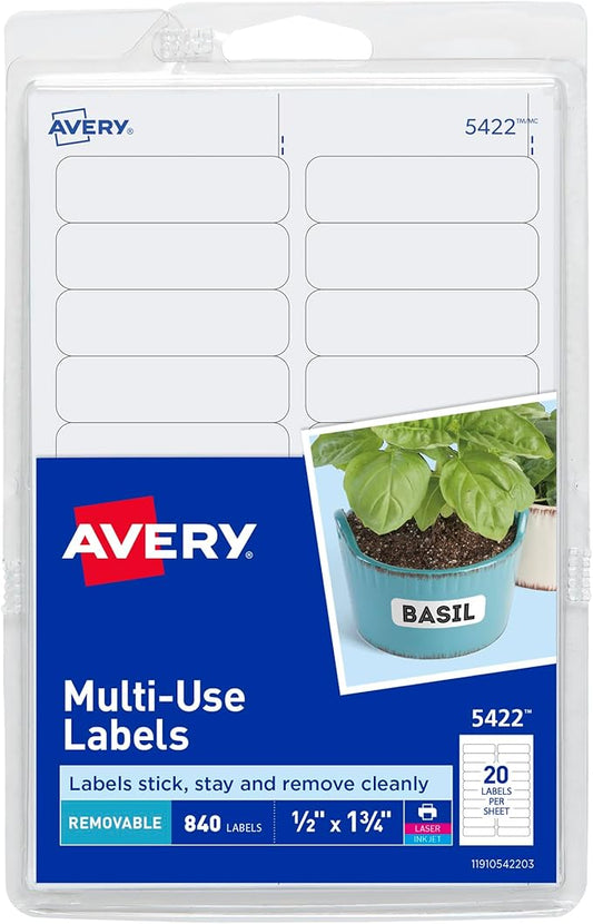 Avery Self-Adhesive Removable Labels, 0.5 x 1.75 Inches, 840 Per Pack, White Label Stickers (05422)