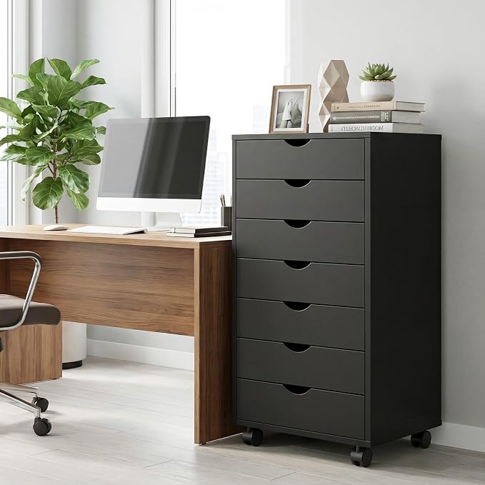 7 Drawer Mobile File Cabinet, Printer Stand with Wheels | Wood Under Desk Storage Cabinet, Rolling Printer Cart, Vertical Filing Chest for Small Space, Home Office, Living Room, Black