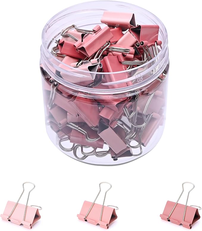 Temiary Binder Clips, Mini Metal Binder Paper Clip Pink 0.6 Inch, 60 Pcs | Colored Binding Paperwork Clamp Bulk for Office, Home, School