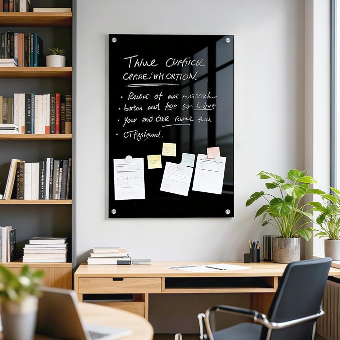 48” x 36” Large Black Dry Erase Board Tempered Magnetic Glassboard | (4’ x 3’) Wall Mounted Frameless Dry Erase Black Glass Board with Acrylic Pen tray, Magnets for Office, Home