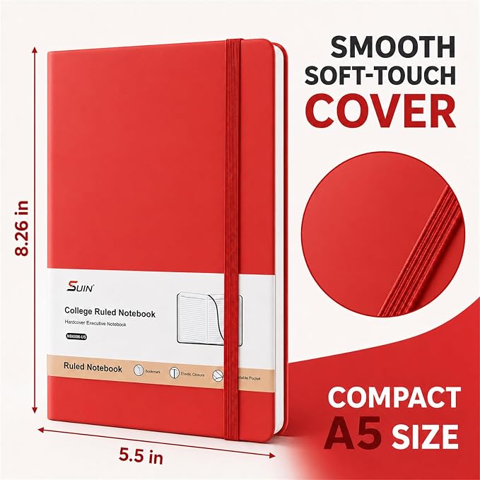 Hardcover-Journal-Notebooks, A5 Lined Journals Notebook for Writing 200 Pages, 8.2 x 5.5 inch, Classic Ruled Notebooks for Work/Travel/College (Red- 1 Pack)