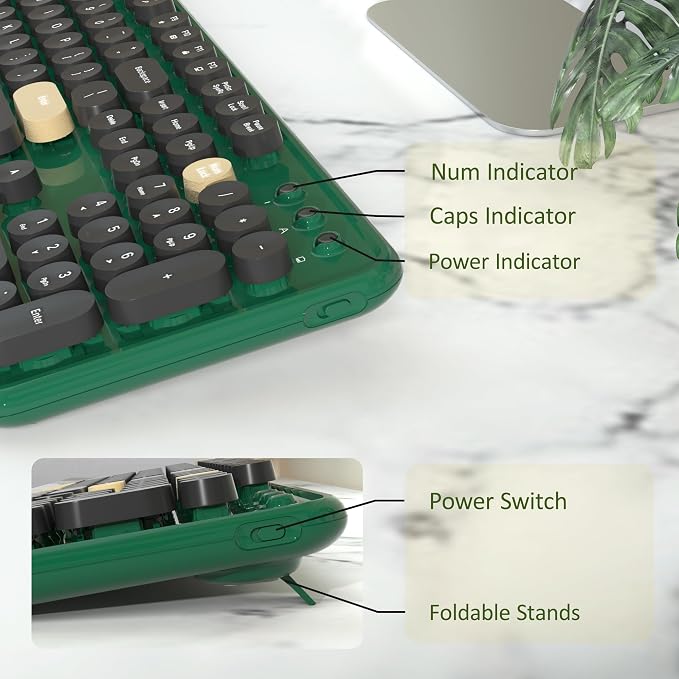 Retro Wireless Keyboard and Mouse Combo with Wrist Rest (Dark Green) | COVEVA Aesthetic Typewriter Style, Full-Size Clicky Tactile Floating Round Keys, 2.4GHz Ergonomic Set for Mac, Windows